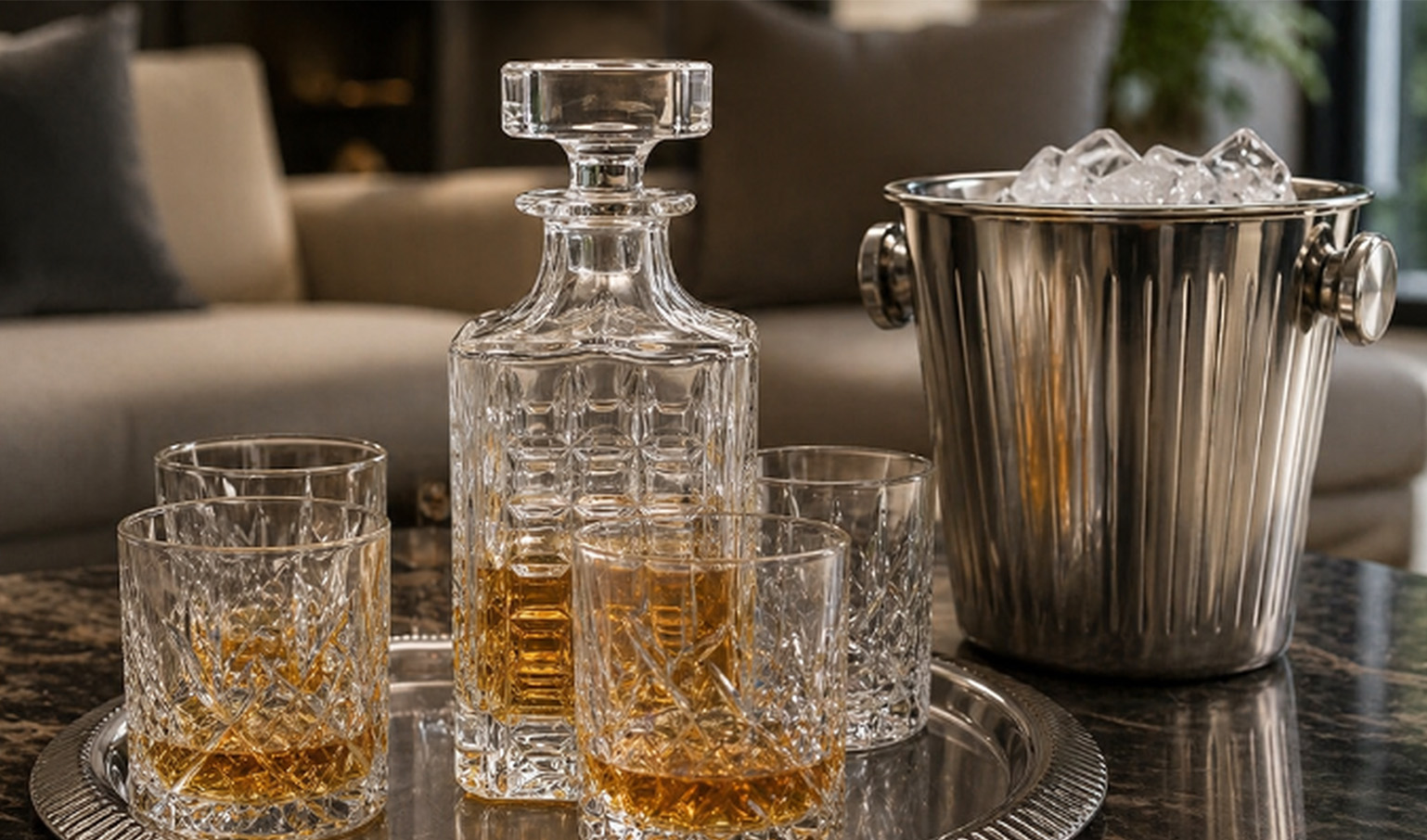 Crystal drinkware, decanter, and ice bucket styled for elegant home entertaining.